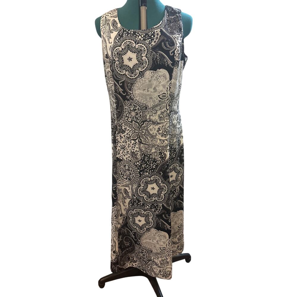 Danny & Nicole Black White Paisley Maxi Dress Size 16 Sleeveless Boho‎ Mod Print